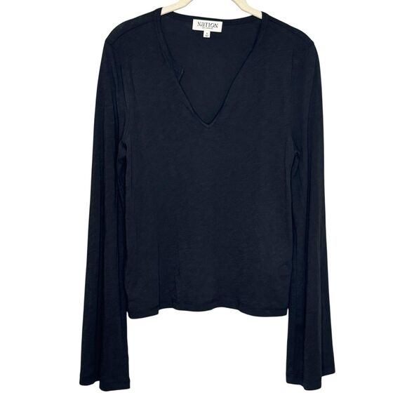 Nation Los Angeles Lian Shirt Small Black Pima Cotton Long Sleeve Notch V Neck - Picture 2 of 9